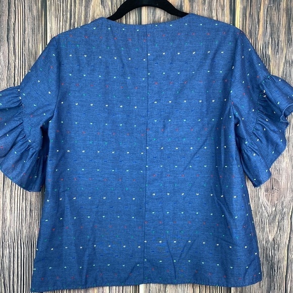 Drew Cotton Blend Blue Blouse With Ruffled Sleeves & Embroidered Dots- Sz Small - Picture 4 of 8
